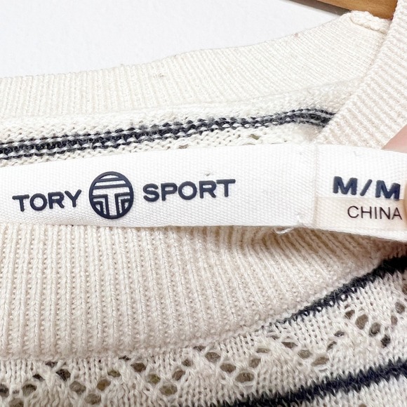 Tory Burch Sport Women Ivory Navy Blue Striped Pointelle Knit Crewneck Sweater M - Picture 7 of 8
